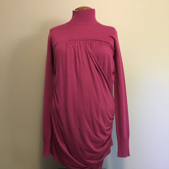 Flamenco Pink Wool Mock Neck Ruched + Drape Wrap Sweater - XS - Picture 1 of 16